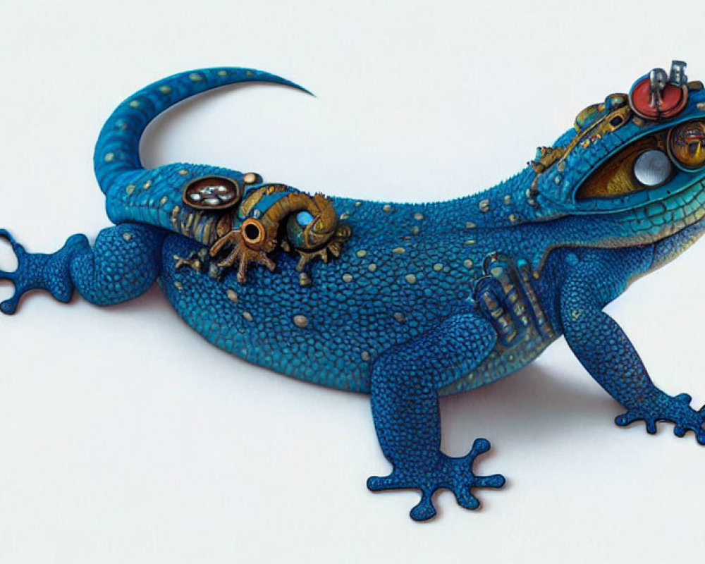 Mechanized blue gecko with steampunk goggles and gears on white background