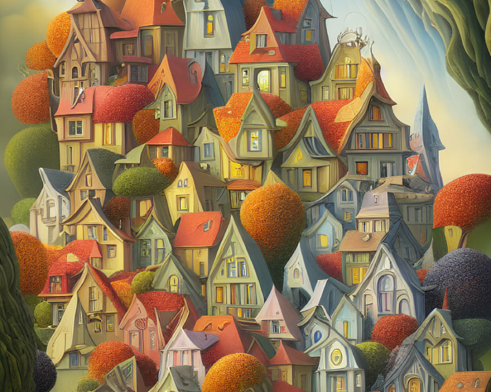 Whimsical village with colorful, topsy-turvy houses in surreal setting