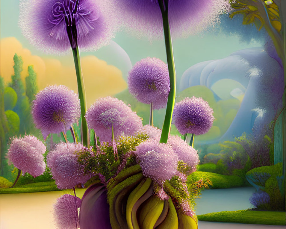 Colorful surreal illustration: vibrant purple flowers, bulbous structure, whimsical landscape with dreamlike trees