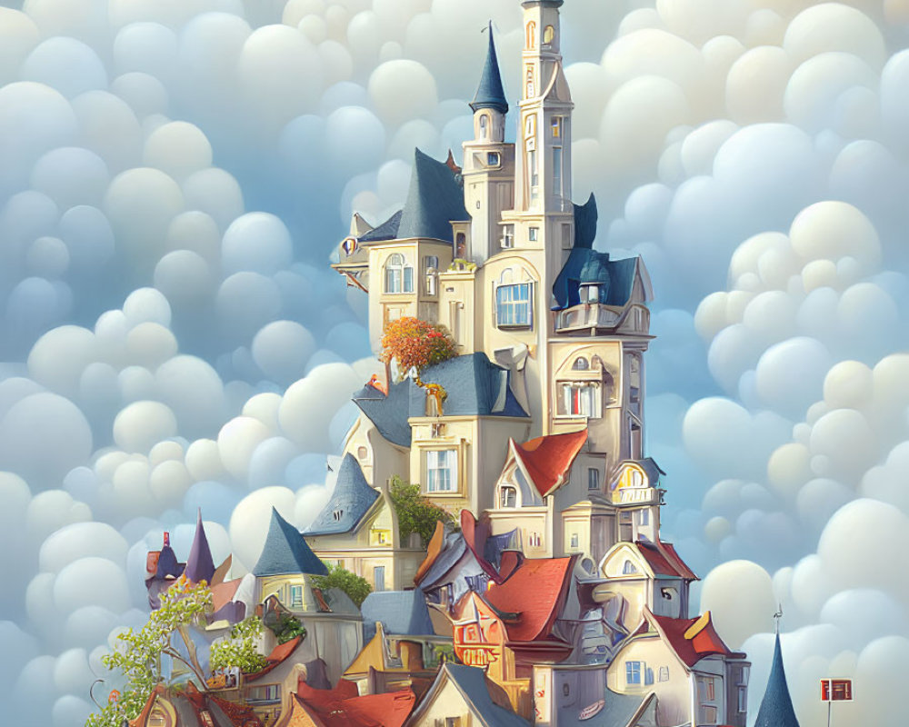 Whimsical fairytale castle on fluffy clouds under blue sky