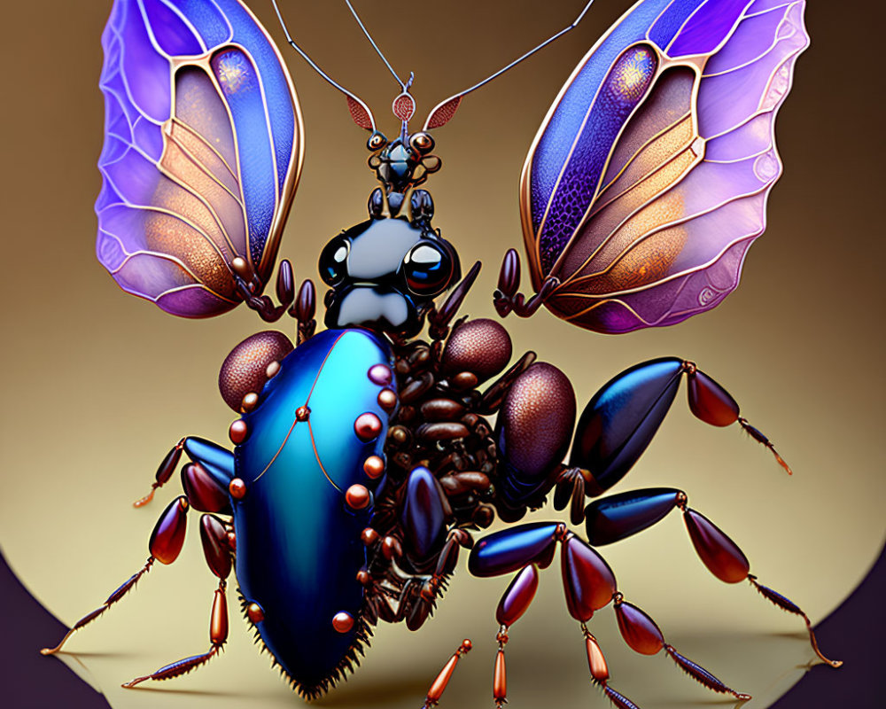 Mechanical insect with iridescent wings and limbs on warm background