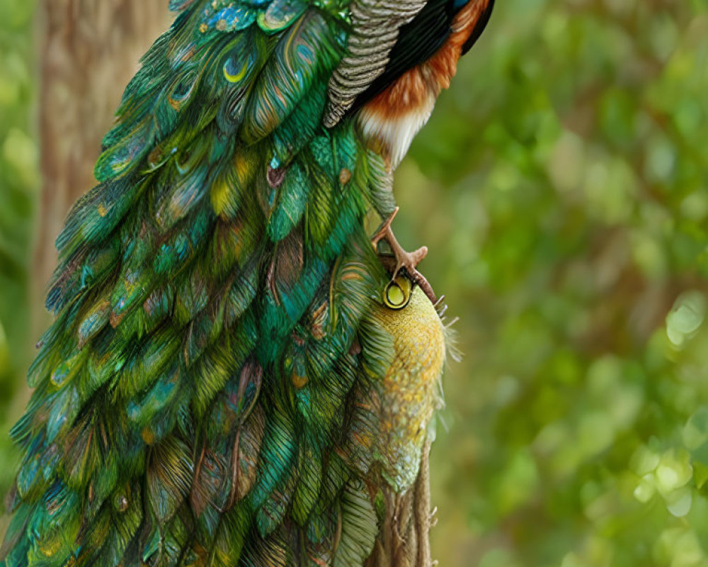 Colorful peacock perched on branch with vibrant plumage and prominent crest