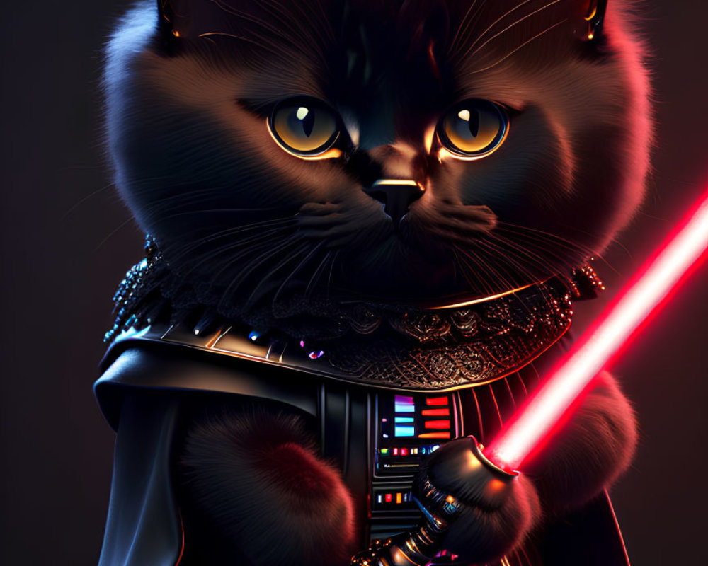 Digital Artwork: Cat as Darth Vader with Red Lightsaber