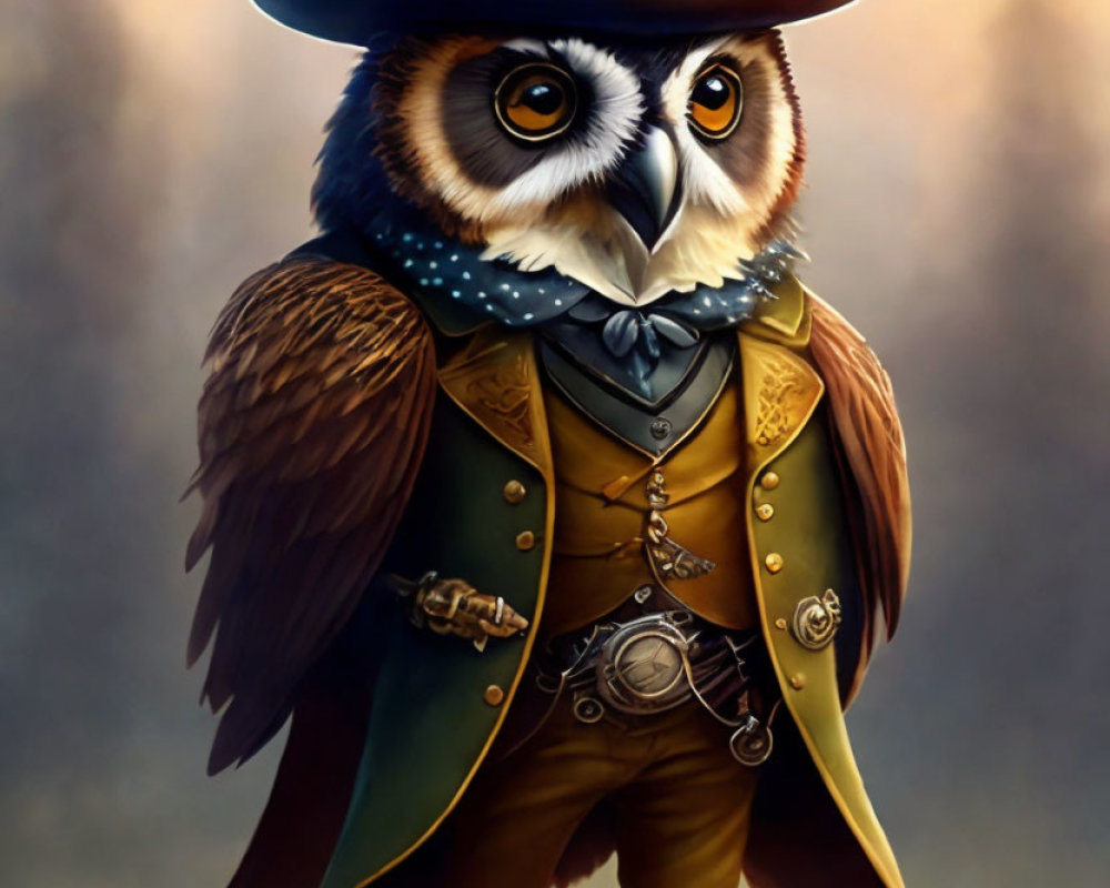 Anthropomorphic Owl in Elegant Attire with Top Hat and Monocle