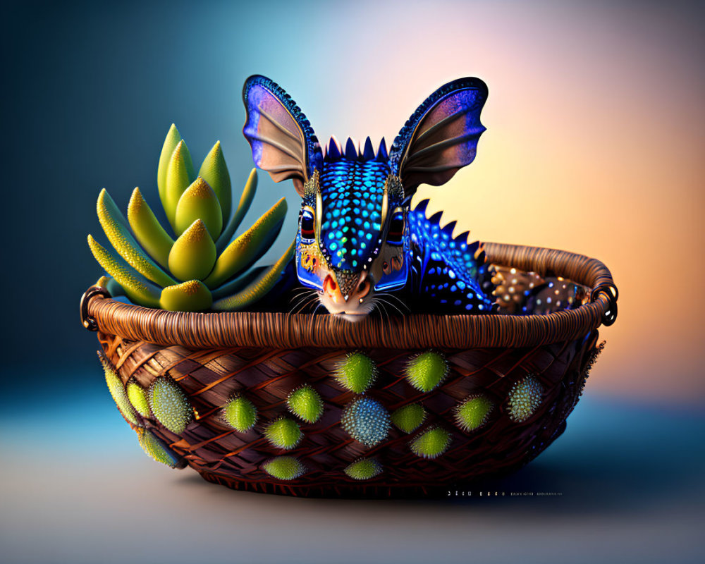 Colorful whimsical creature in wicker basket next to green succulent plant