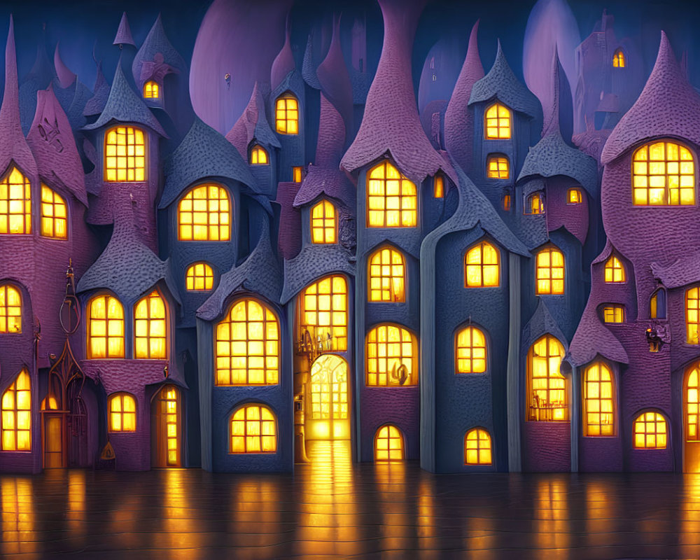 Stylized village with glowing windows and pointed roofs under purple sky