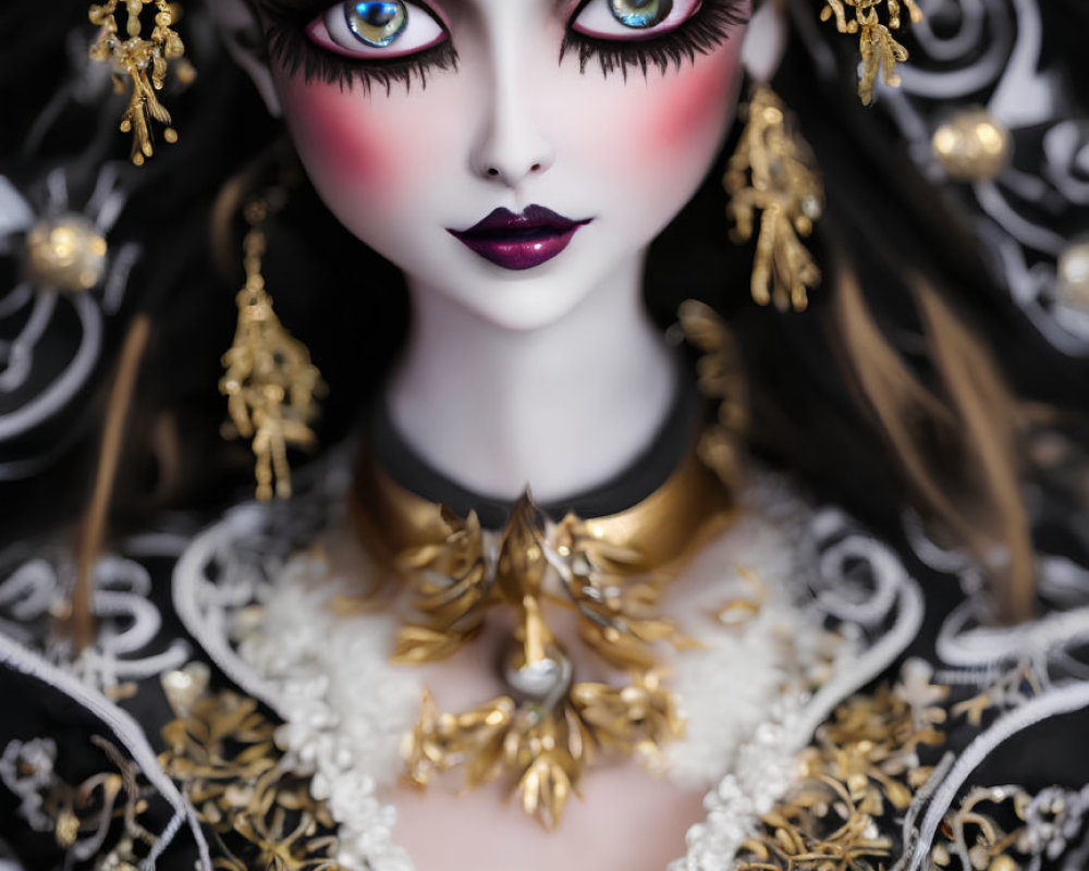 Detailed Pale Skin Doll with Striking Makeup and Ornate Attire