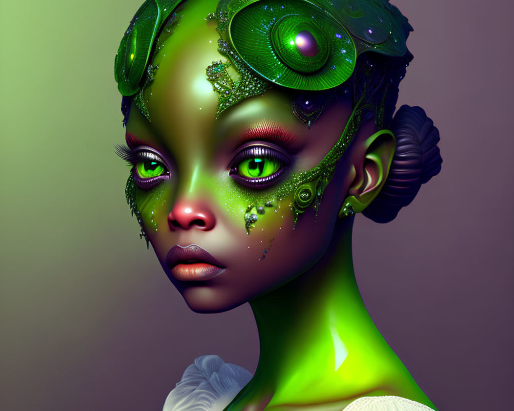 Digital Artwork: Female Figure with Green Skin and Futuristic Headgear