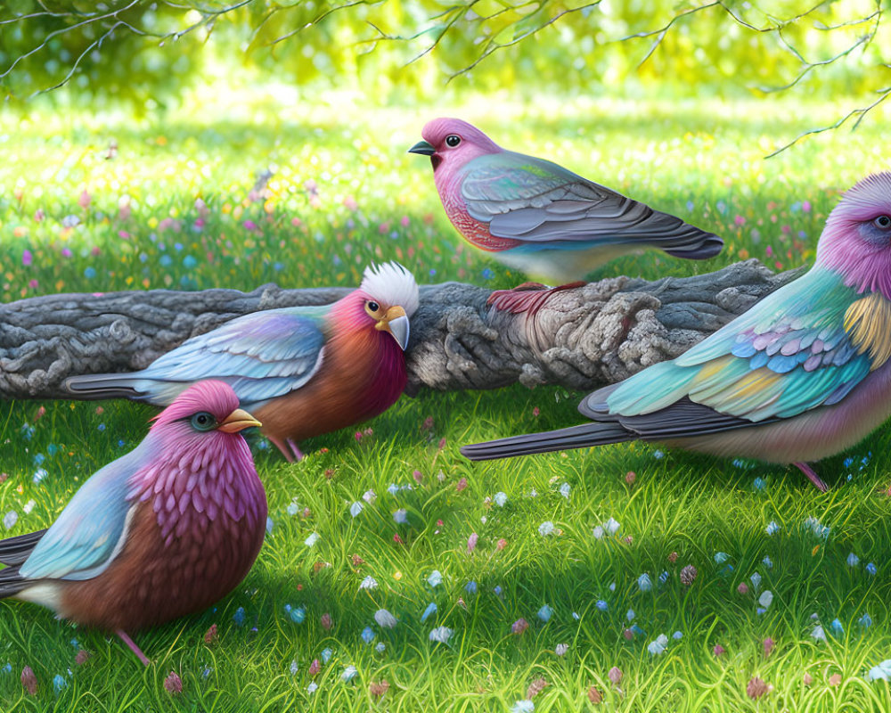 Vivid Cartoon Birds on Branch with Colorful Plumage