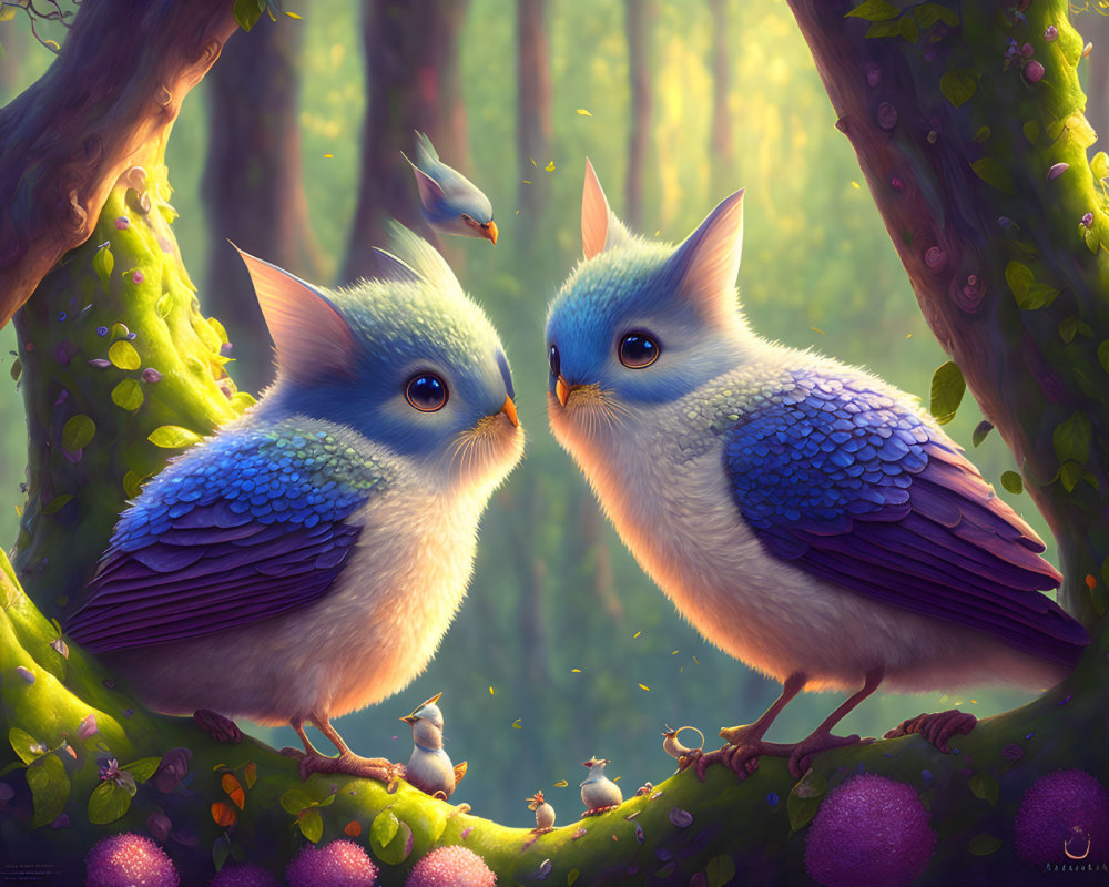 Stylized birds with oversized heads in vibrant forest