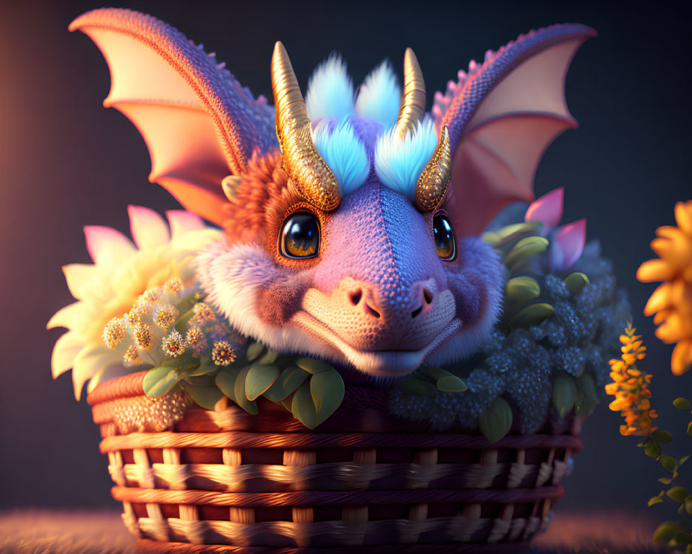 Fantasy creature with dragon-like wings and horns in woven basket surrounded by flowers