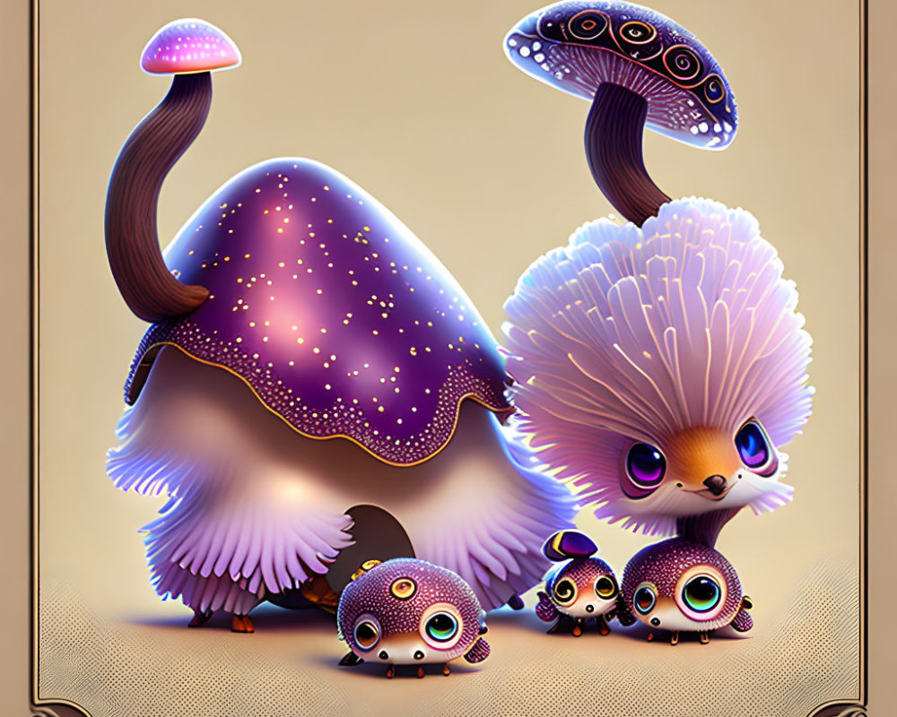 Colorful whimsical creatures: mushroom-fur animal fusion!