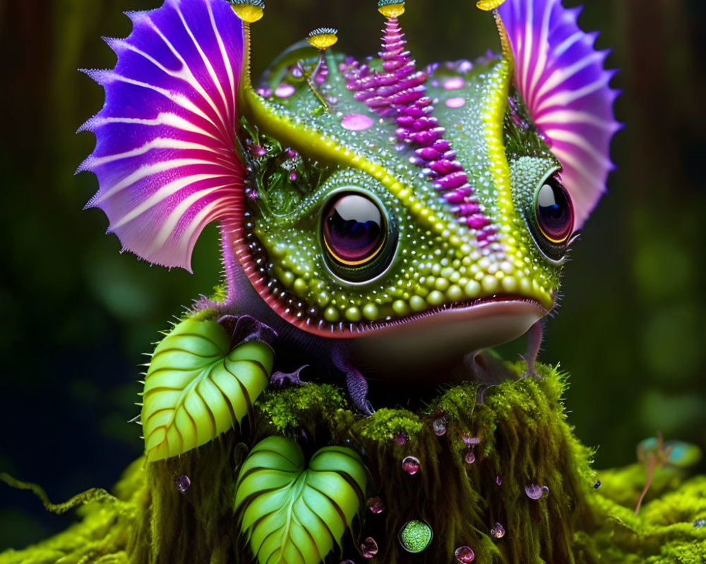 Vibrant frog-like creature with pink and purple frills on mossy foliage