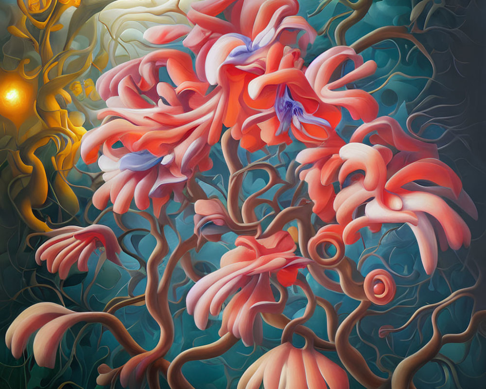 Vibrant surreal painting: twisting floral forms in pink and blue against dark branches