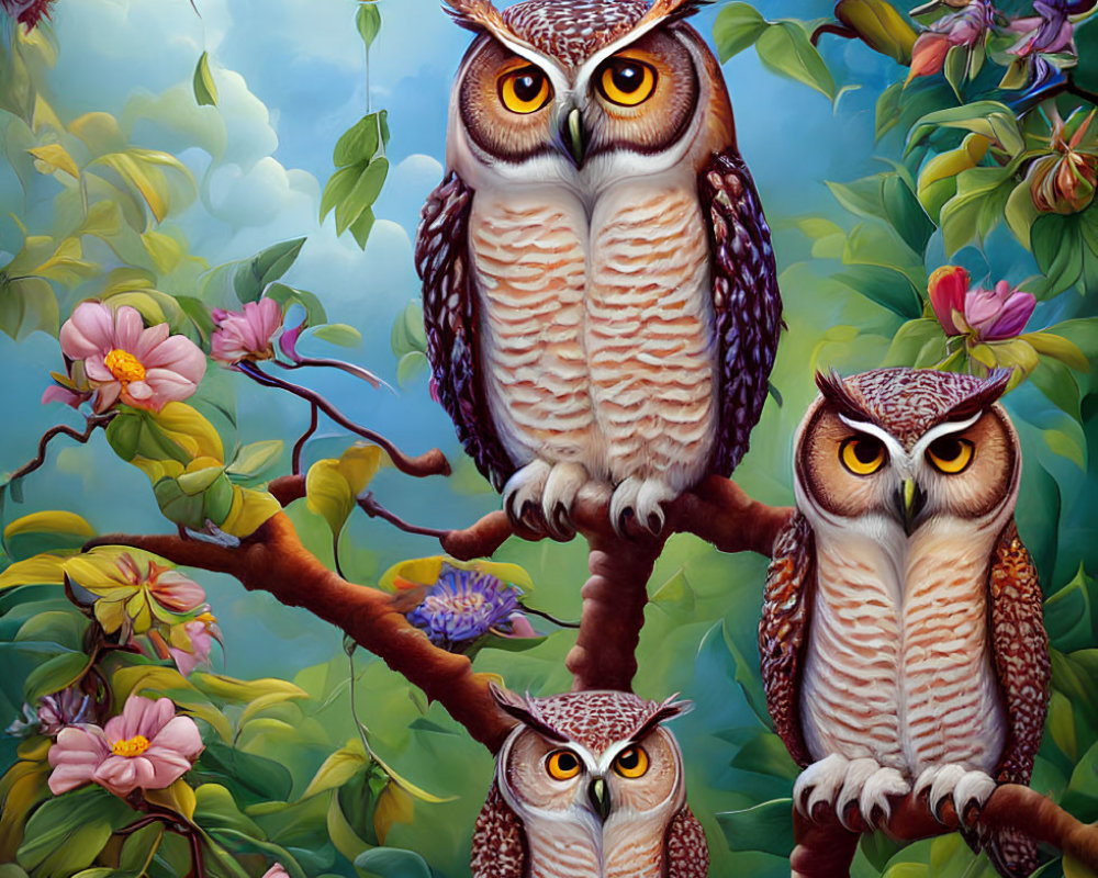 Three realistic owls on vibrant flowering branches in dreamy blue sky