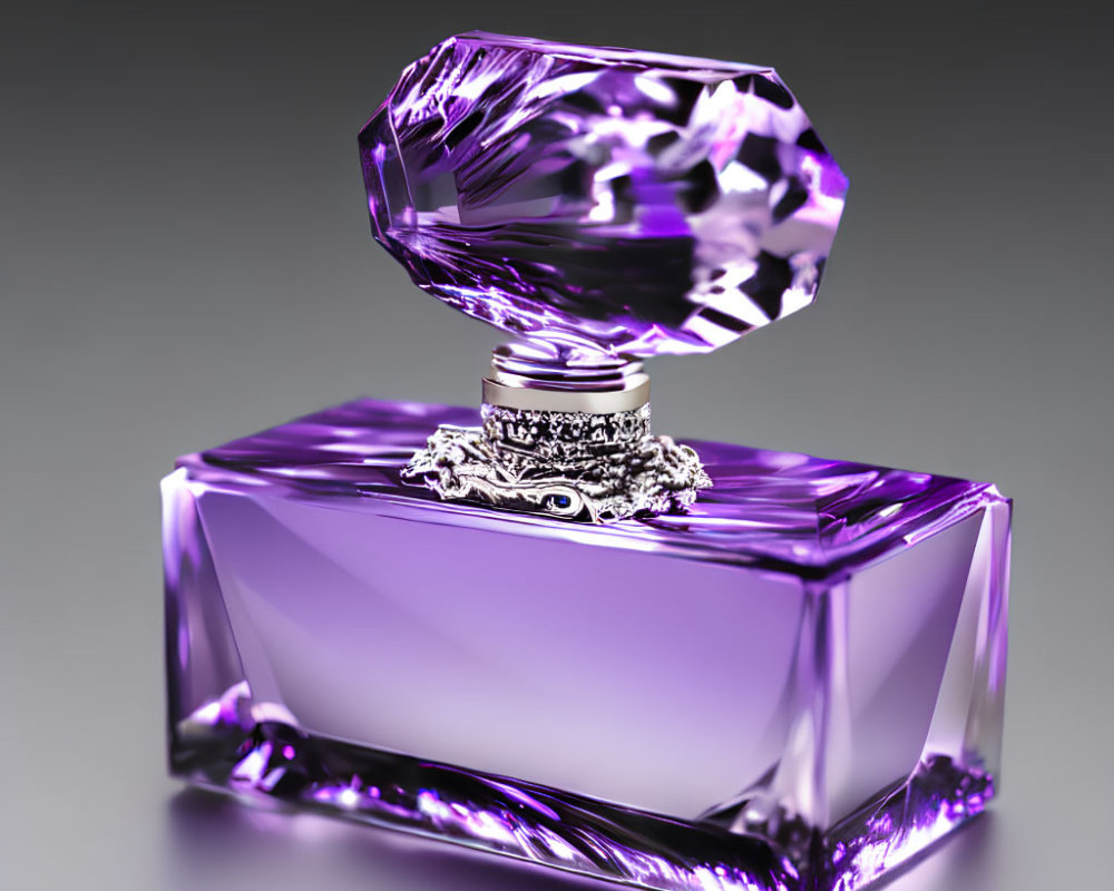 Purple Glass Perfume Bottle with Silver Cap and Detailed Accents