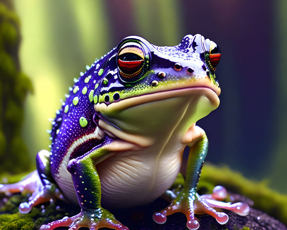 Colorful Frog with Purple and Green Hues on Mossy Surface