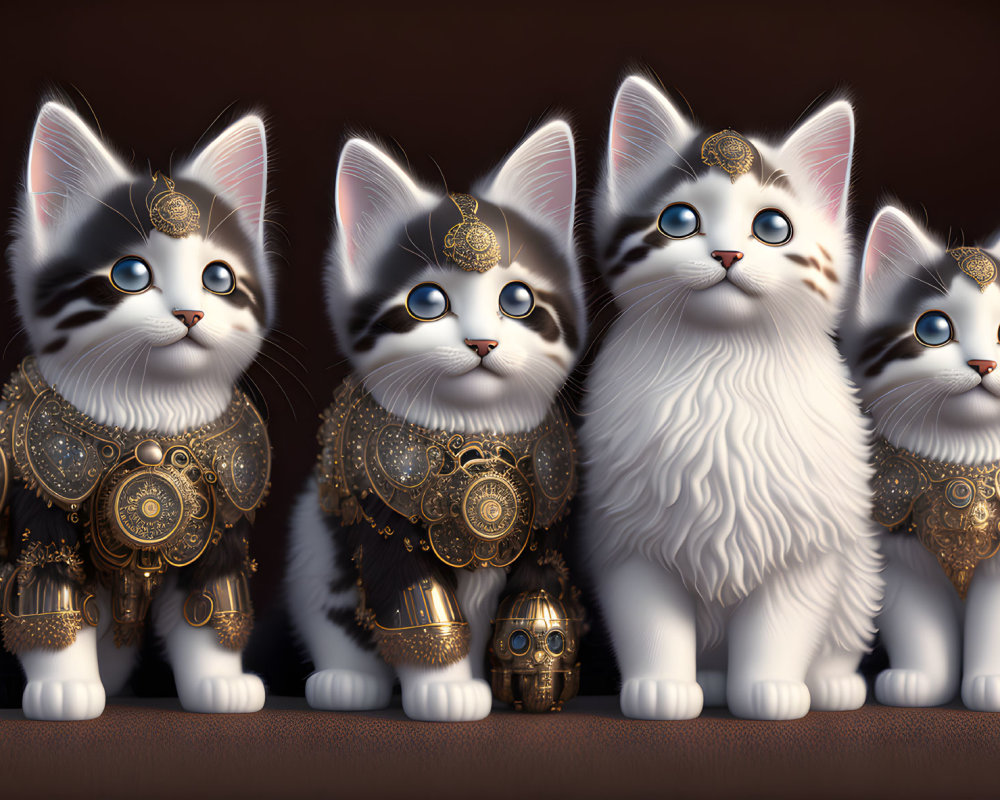 Four Fluffy Kittens with Golden Jewelry and Robotic Figure