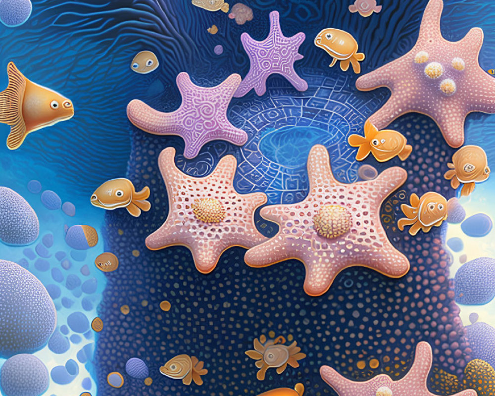 Vibrant Underwater Scene with Starfish, Fish, and Coral