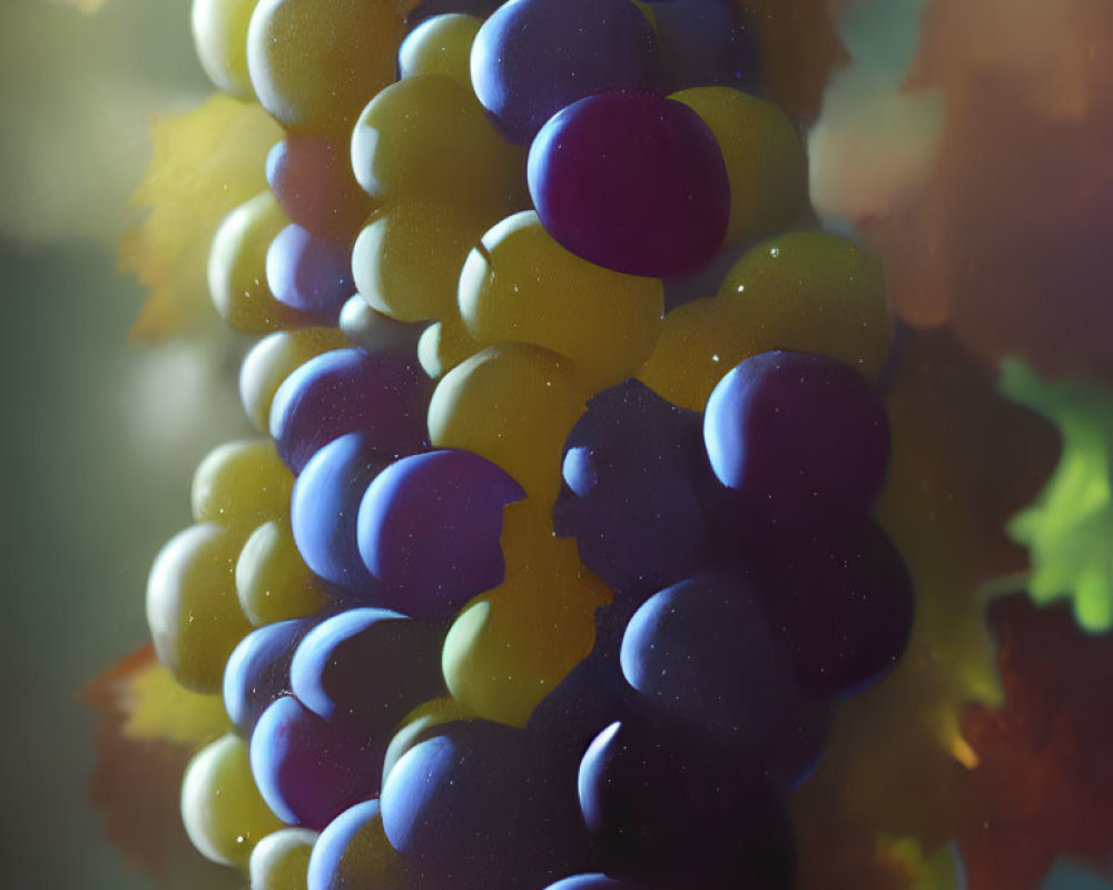 Colorful Purple and Green Grapes with Autumnal Leaves