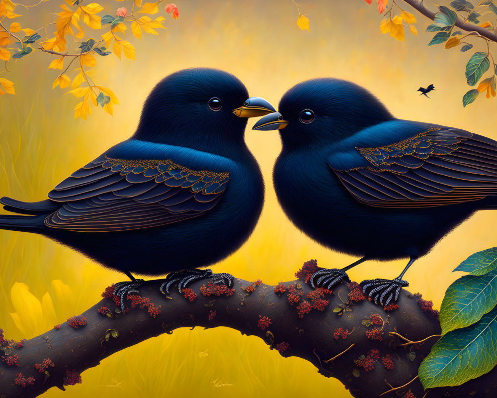 Stylized dark blue birds on branch with autumn leaves and red berries