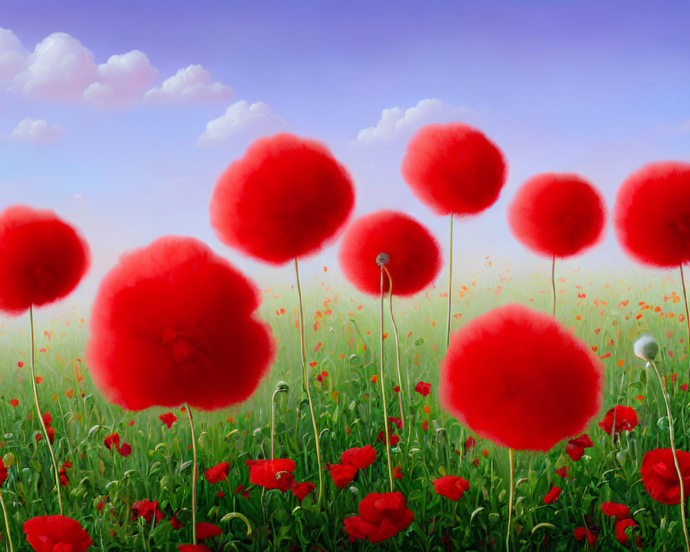 Bright red poppies in green field under blue sky