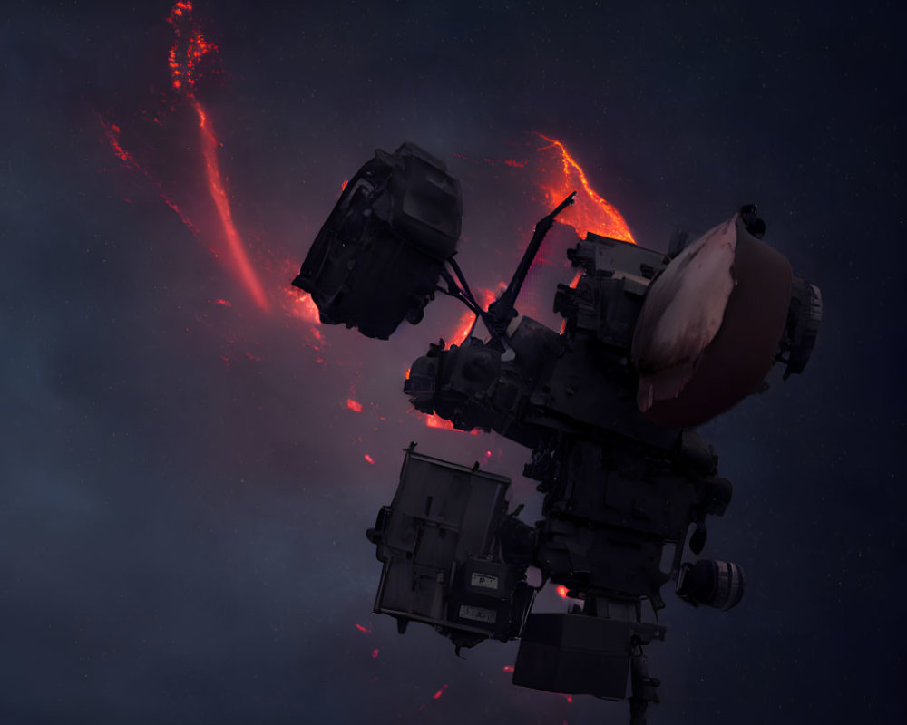 Gigantic robotic mech under fiery night sky