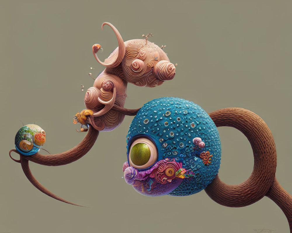 Detailed surreal digital artwork: Blue spherical creature with large eye and intricate tendrils.