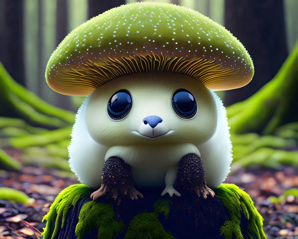 Whimsical creature with mushroom cap head in forest setting