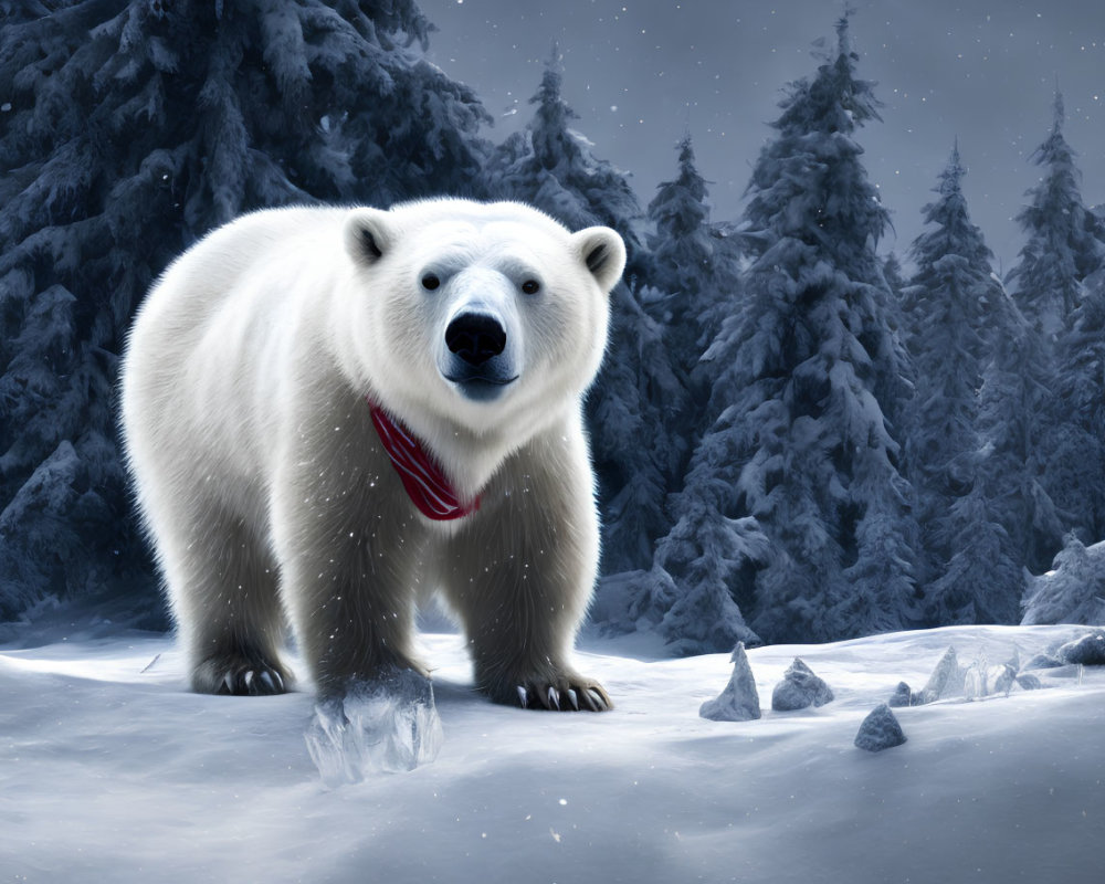 Polar Bear in Snowy Landscape with Red Scarf