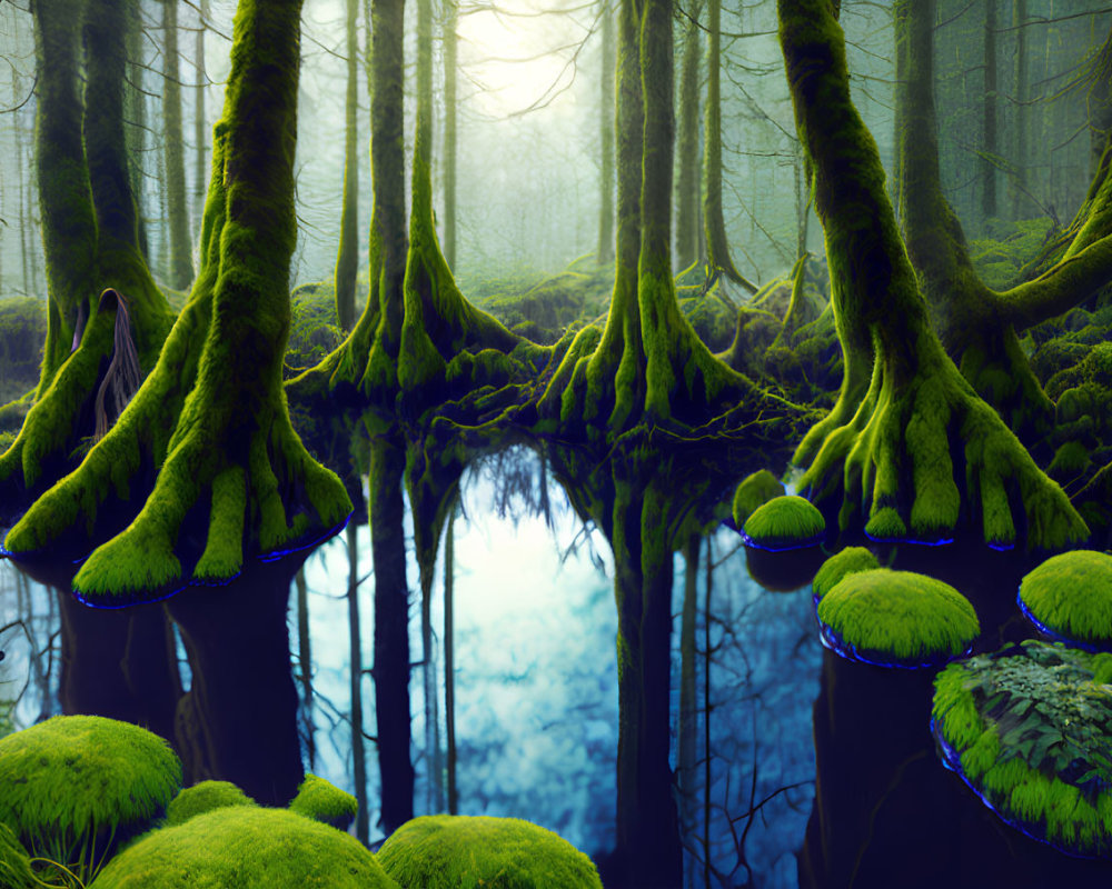 Enchanting forest scene with moss-covered roots and serene water reflection