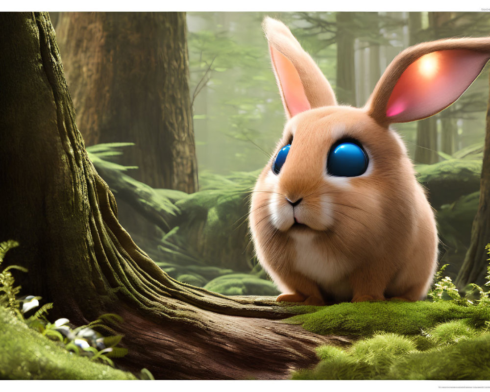 Exaggerated cartoon rabbit in realistic forest setting