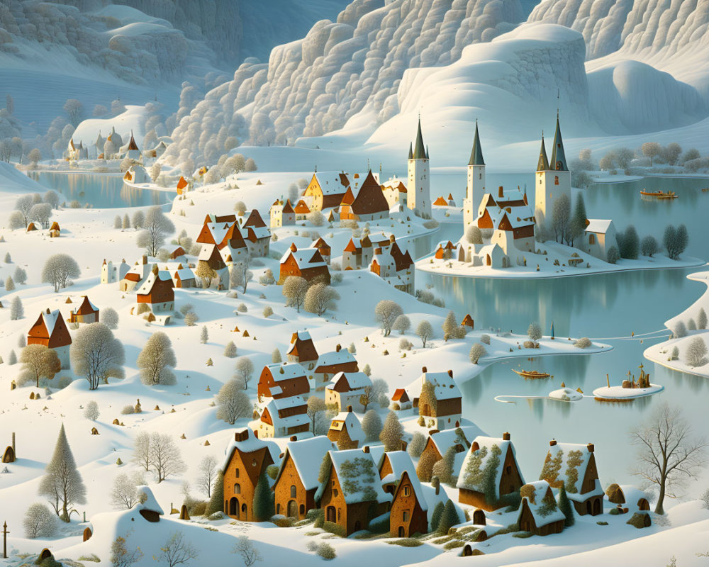 Snow-covered winter village by river with hills and hazy sky