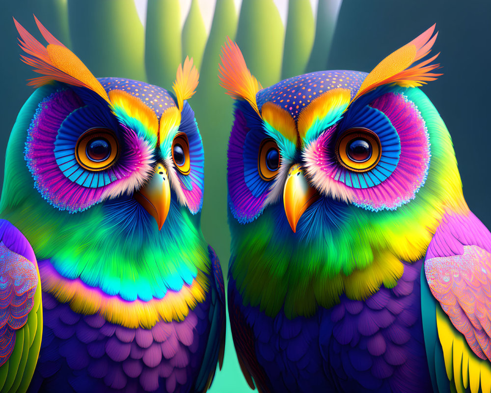 Colorful Owls with Detailed Feathers on Teal Background