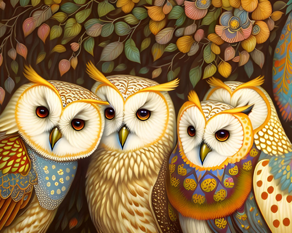 Colorful Stylized Owls Among Autumnal Leaves and Flowers