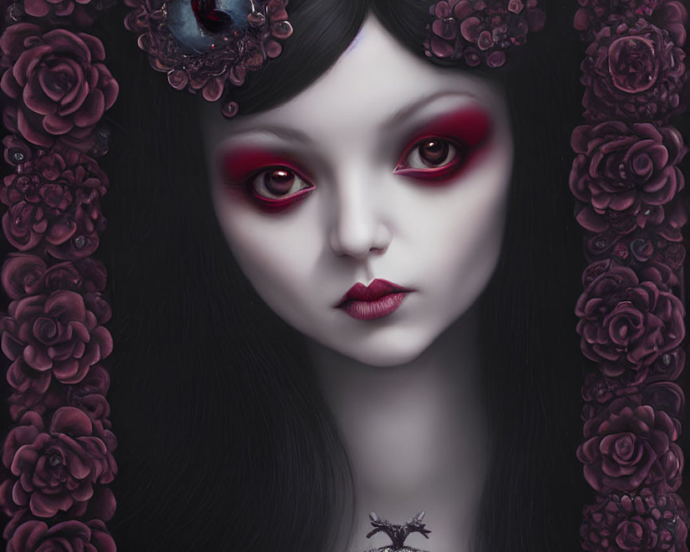 Gothic portrait of pale girl with red eyes, roses, gem heart, and raven.