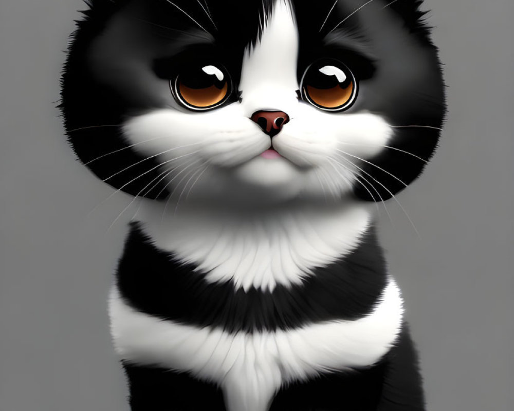 Plump black and white cartoon cat with amber eyes on gray background