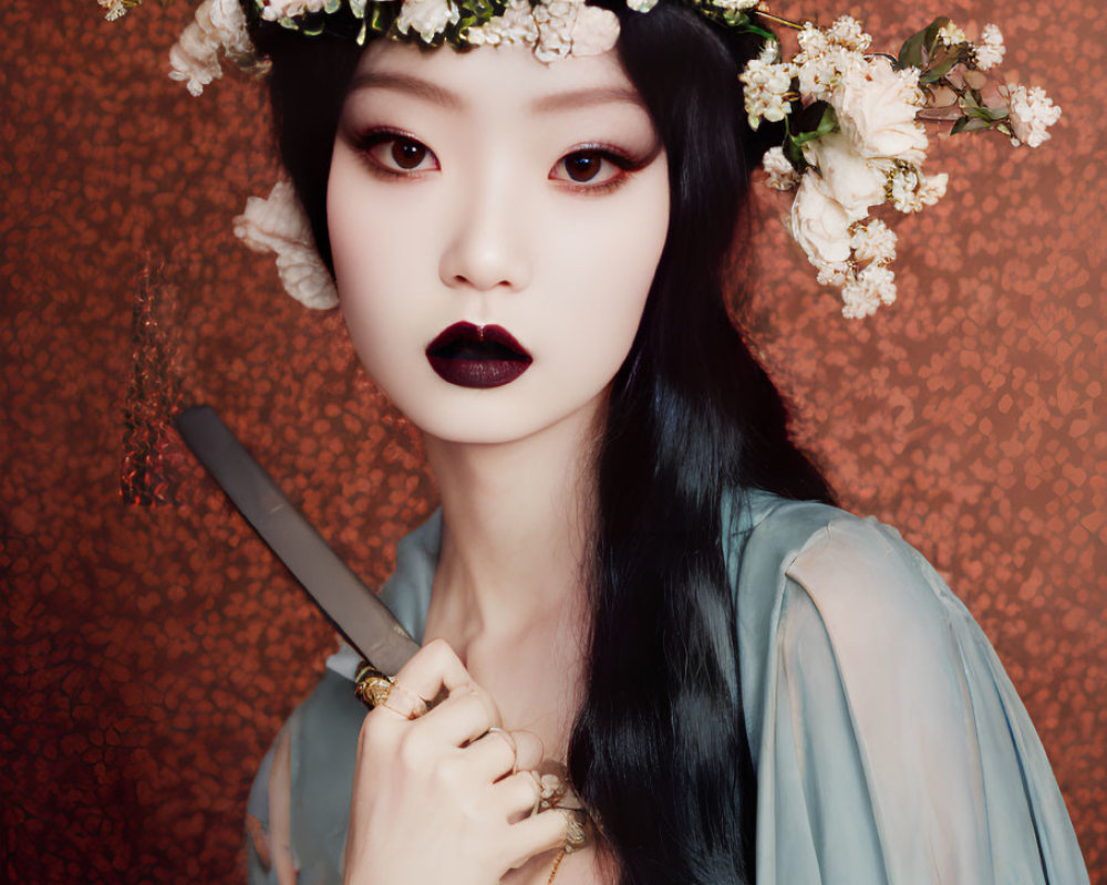 Woman with Floral Headpiece and Blade on Patterned Backdrop