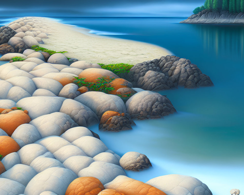 Realistic beach scene with colorful stones, greenery, and tranquil waters