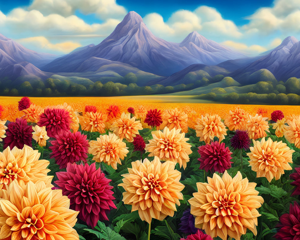 Colorful Dahlia Field Against Mountain Backdrop and Blue Sky