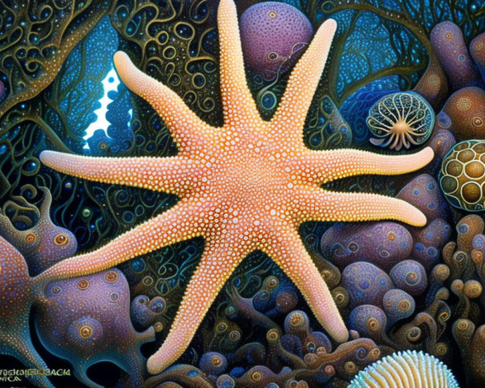 Colorful Starfish Surrounded by Underwater Life