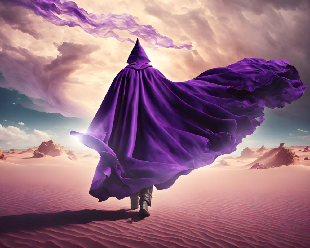 Cloaked figure in desert with red sand under pink sky.