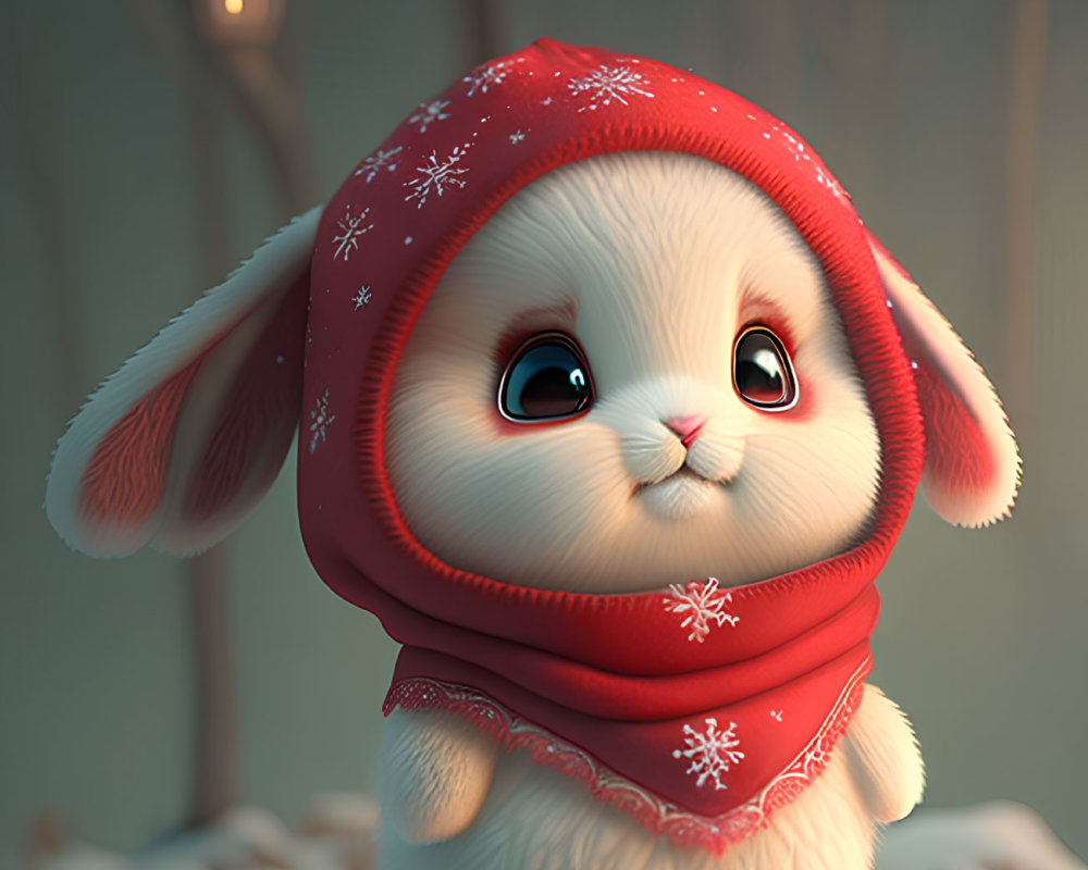 Animated bunny in red winter hat and scarf in snowy landscape