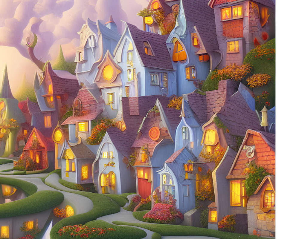 Colorful Stylized Village with Twisted Rooftops and Reflective Waterways at Dusk