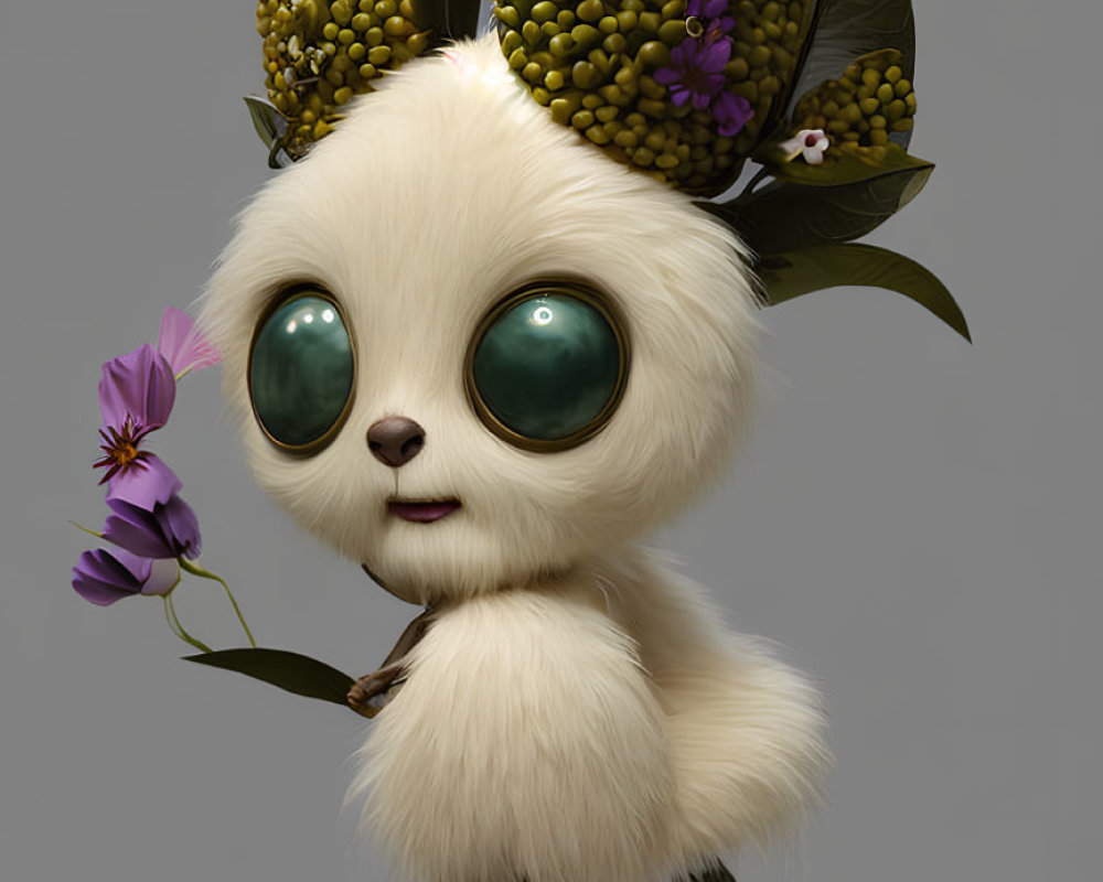 Fluffy white creature with green eyes and floral headdress