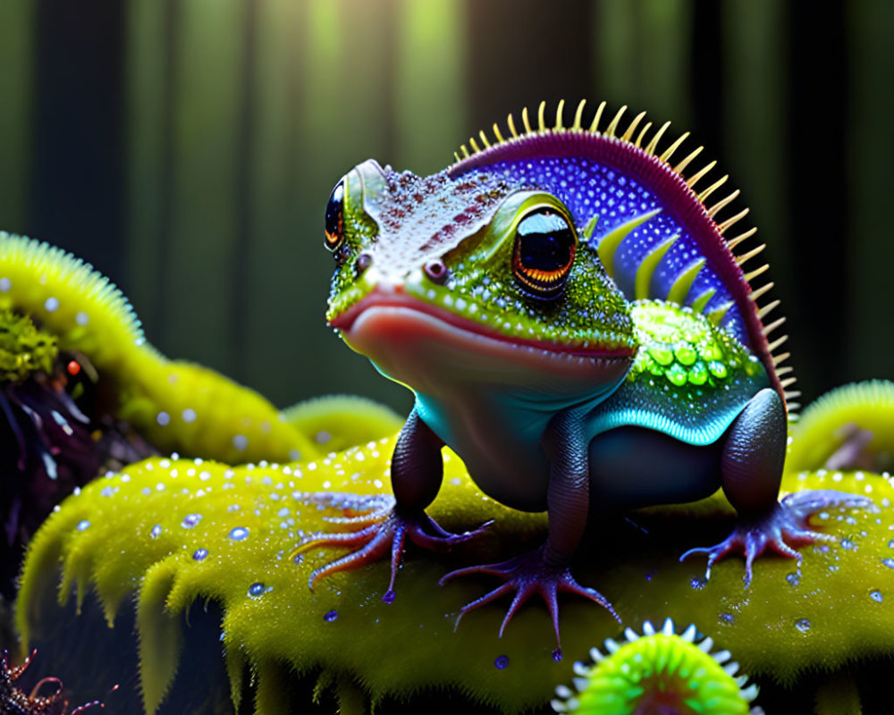 Colorful digital artwork: fantastical frog on mossy surface with iridescent skin, surrounded by