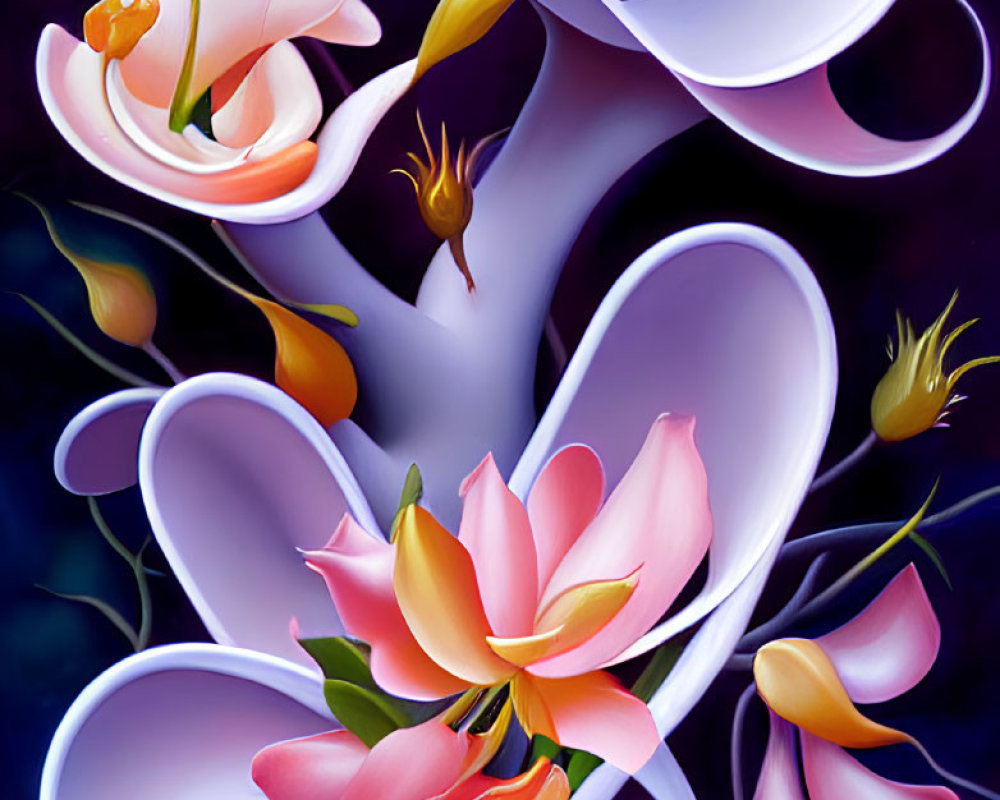 Colorful Blooming Flowers and Ribbon-like Shapes in Surreal Digital Painting