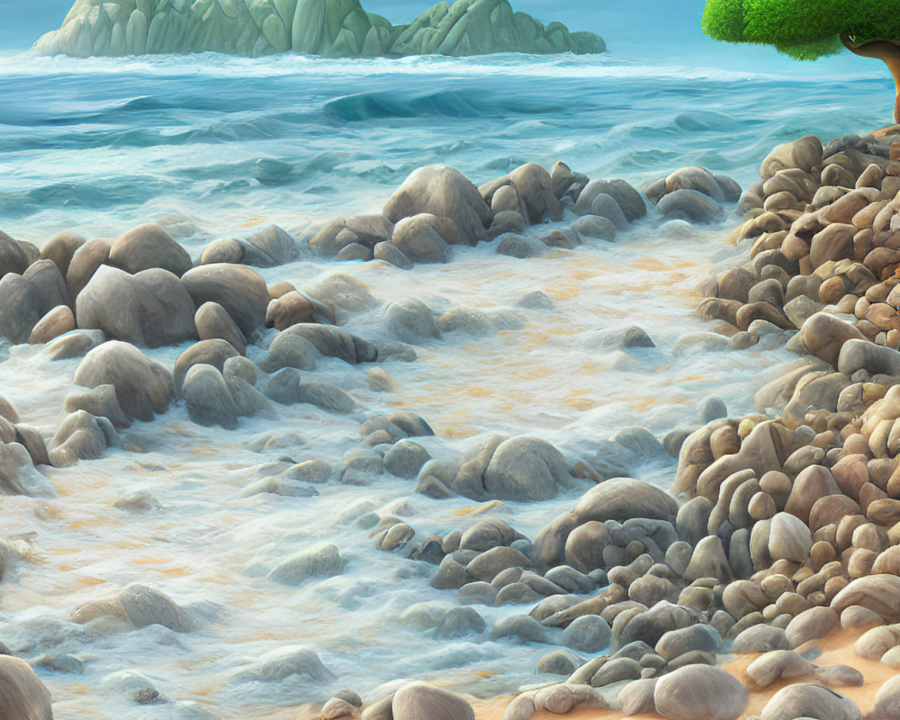 Tranquil beach scene with pebbles, tree, waves, and distant islands