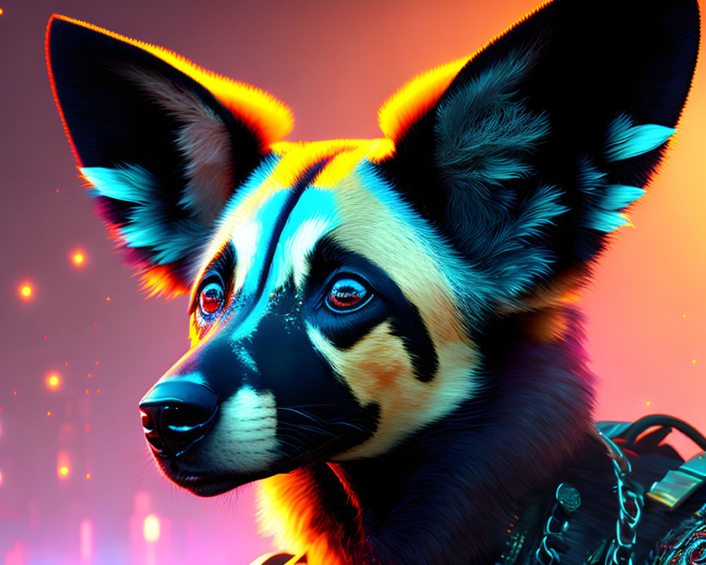 Futuristic cybernetic dog art in vibrant digital style