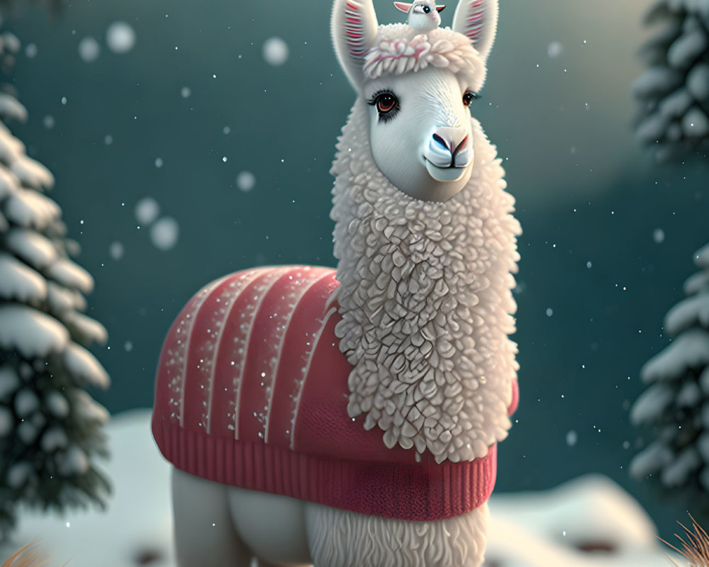 Illustrated llama in red sweater with bird in snowy landscape